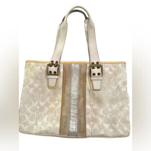 COACH 2181 Limited Ed. Metallic Silver Slim Tote Canvas Bag Yellow Patent Trim